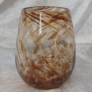 Hand Blown Art Glass Vase w/ Brown Striping & Gold Color Glitter Inclusions